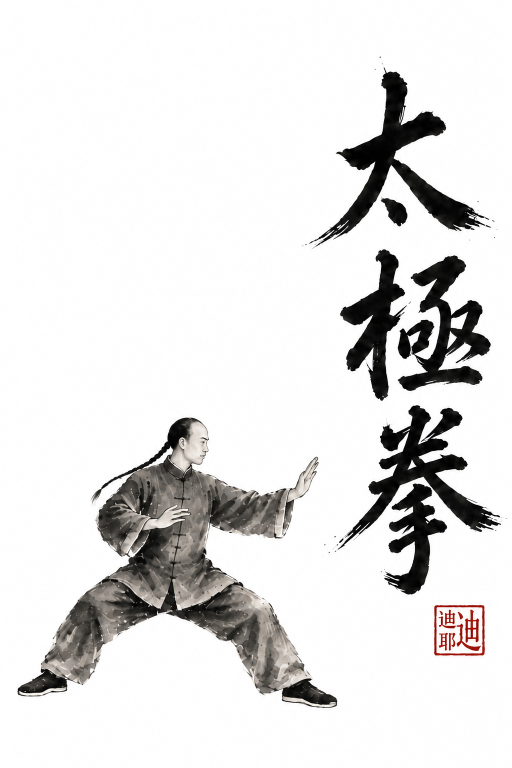 Calligraphie Tai Chi Chuan, pratiquant dessiné à l’encre en tenue inspirée du XIXe siècle et sceau personnel de Didier.