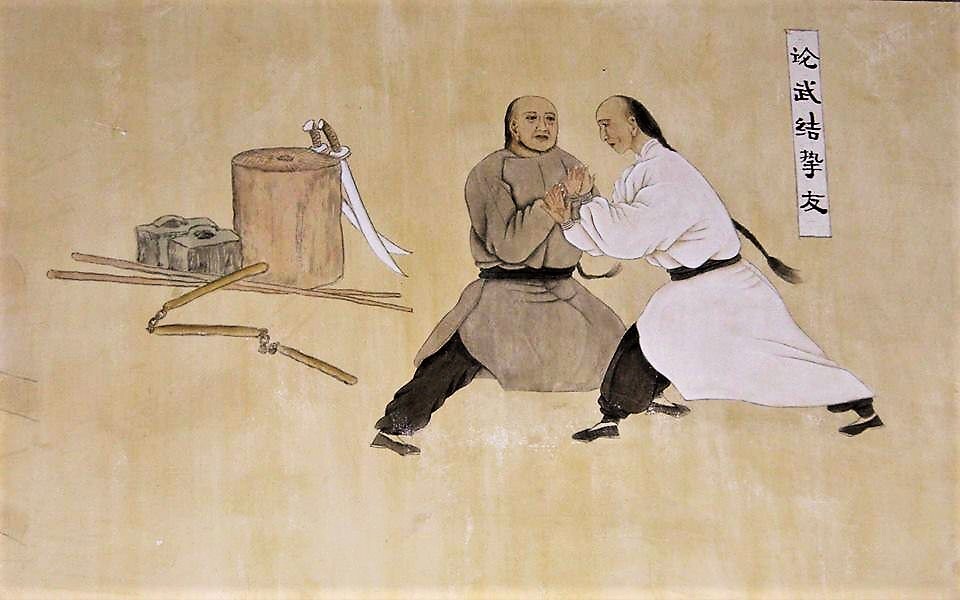Peinture représentant deux pratiquants chinois en tenue traditionnelle travaillant le tuishou.